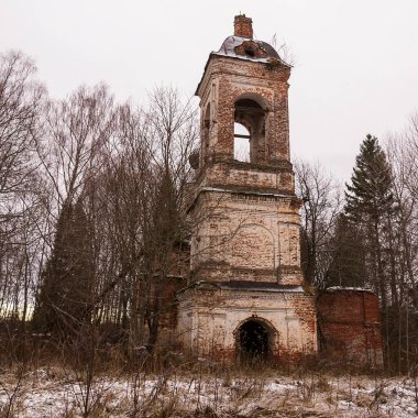 Terk edilmiş bir tapınağın çan kulesi, varsayım kilisesi Salenka, Kostroma oblast, Rusya