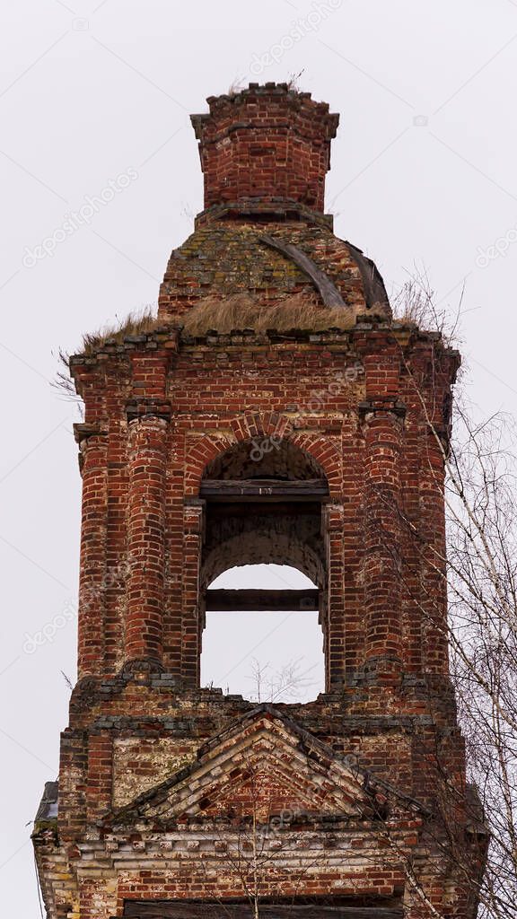 Abandoned bell tower 18th century, Church of the Holy Trinity in Troitsa-Zazharye, Belfry, Russia, Kostroma region