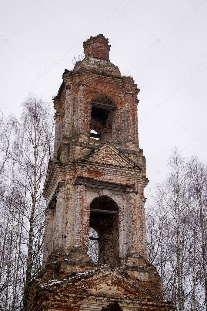 Abandoned bell tower 18th century, Church of the Holy Trinity in Troitsa-Zazharye, Belfry, Russia, Kostroma region