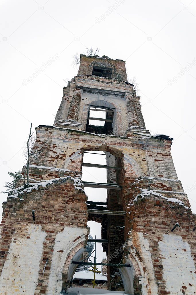 the bell tower was destroyed in the winter Church of the ascension on the river Meuse, in the village of Bychikha, Kostroma oblast, Russia