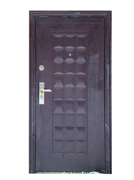 白い背景に汚れた金属製のドアの断熱材 — ストック写真