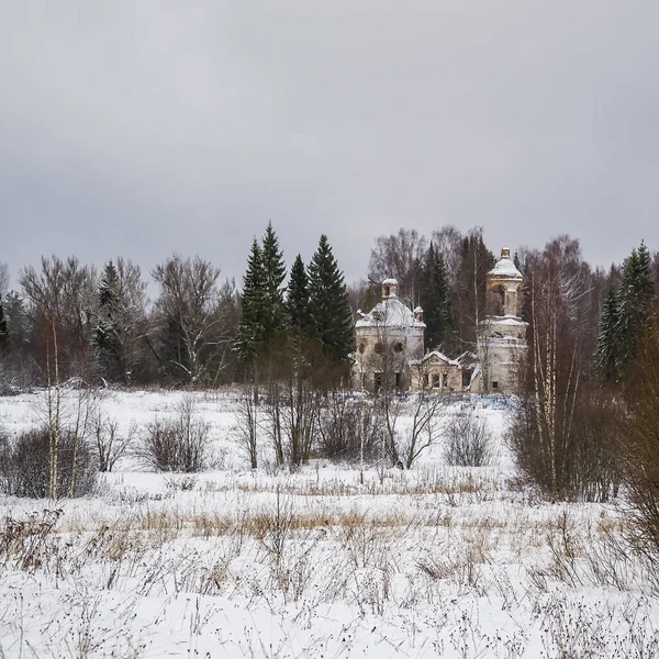 Зимний Пейзаж Старая Церковь Вдали Церковь Покрова Пресвятой Богородицы Галицкий — стоковое фото