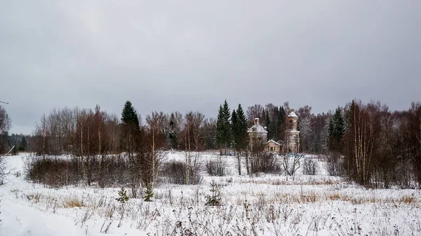 Winter Landscape Old Church Distance Church Assumption Churchyard Czudec Galichsky — Stock Photo, Image