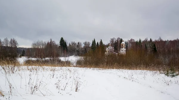 Winter Landscape Old Church Distance Church Assumption Churchyard Czudec Galichsky — Stock Photo, Image