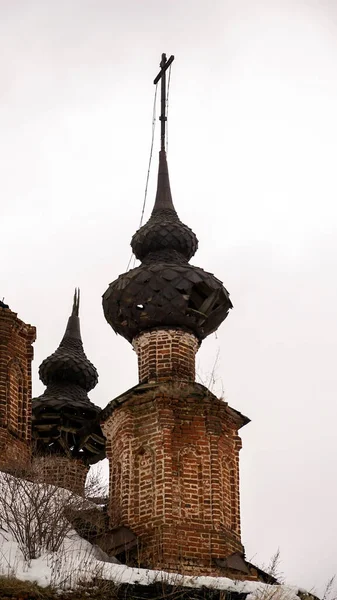 Dômes Noirs Détruits Une Église Orthodoxe Village Uglyovo Région Kostroma — Photo