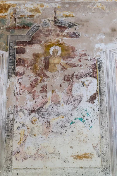 Restos Desenhos Nas Paredes Uma Igreja Ortodoxa Destruída Aldeia Troitskoye — Fotografia de Stock