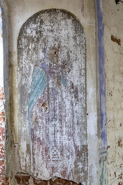 Pintura Las Paredes Iglesia Abandonada Pueblo Korshunovo Región Kostroma Rusia — Foto de Stock