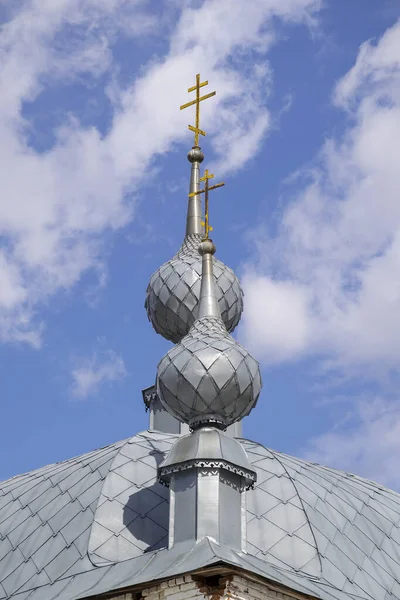 Cúpulas Cinzentas Igreja Ortodoxa Aldeia Korshunovo Região Kostroma Rússia Construída — Fotografia de Stock