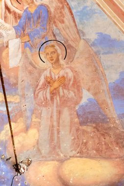 Terk edilmiş kilisenin duvarlarında, Korshunovo köyü, Kostroma bölgesi, Rusya, inşaat yılı 1800