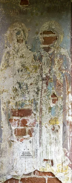 Pozostałości Malarstwa Murów Opuszczonej Świątyni Strasznym Stanie Rosja Nikolo Mosty — Zdjęcie stockowe