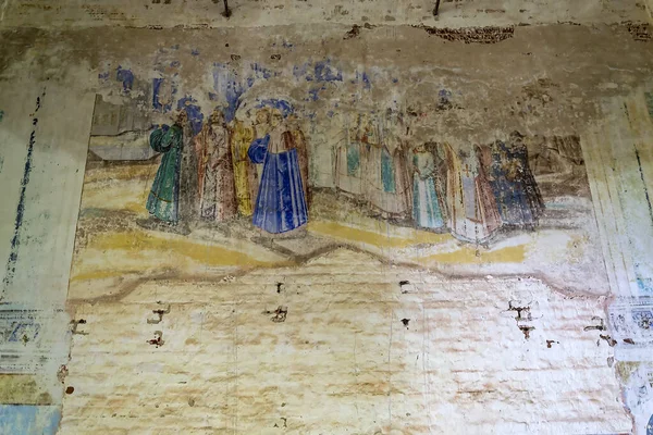 drawings on the walls of an abandoned Orthodox church, the temple complex of the village of Ilyinsky on the Shacha River, Kostroma region, Russia, built in 1760, 1772. The complex is currently abandoned