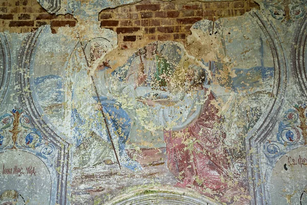 Pittura Murale All Interno Una Chiesa Ortodossa Abbandonata Villaggio Sukhorukovo — Foto Stock