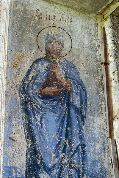 Pintura Parede Dentro Uma Igreja Ortodoxa Abandonada Aldeia Sukhorukovo Província — Fotografia de Stock