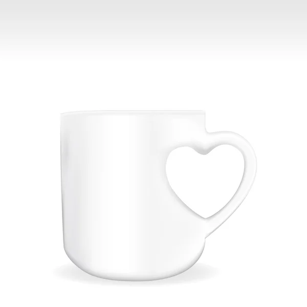 Photorealistic white mug with a heart shaped handle — Stock Vector