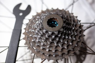 Arka bisiklet dişlisi kaseti, bakım gerektiriyor. Kış depolarından sonra tamir, temizleme ve yağlama için hazır. Bahar sezonundan önce hazırlık