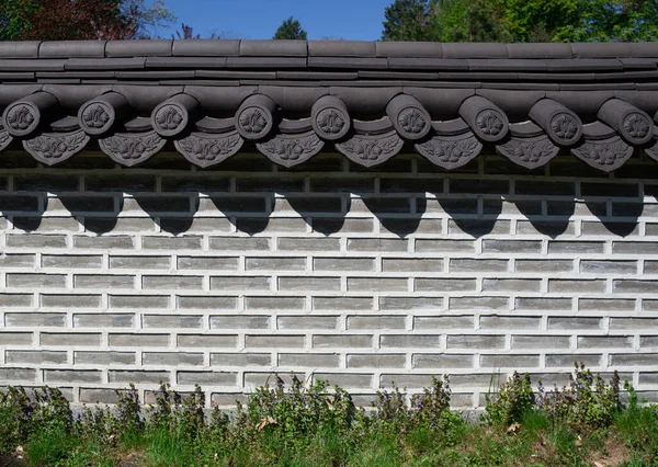 Stenen Muur Hek Brick Patroon Textuur Achtergrond Dakpannen Stenen Hek — Stockfoto