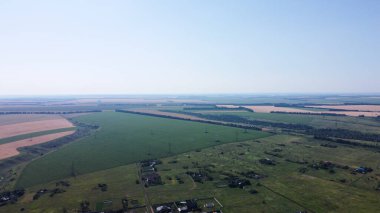 Yazın hasattan önce yeşil tarlaların hava manzarası. Güç hattı devrede.