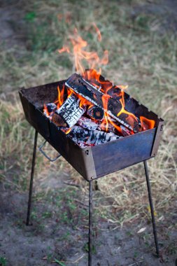 Yanan odunla doldurulmuş küçük, katlanabilir bir brazier. Izgarada yemek pişirmek. Doğada güvenli ateş. Yakacak odun Brezilya 'da alevler.
