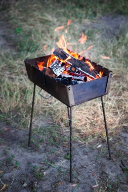 Yanan odunla doldurulmuş küçük, katlanabilir bir brazier. Izgarada yemek pişirmek. Doğada güvenli ateş. Yakacak odun Brezilya 'da alevler.