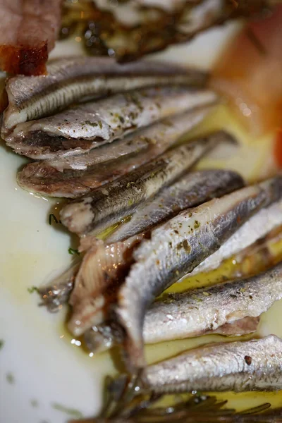 Sardines Huile Tomate Oignon Macro Fond Grec Tradition Nourriture Porno — Photo