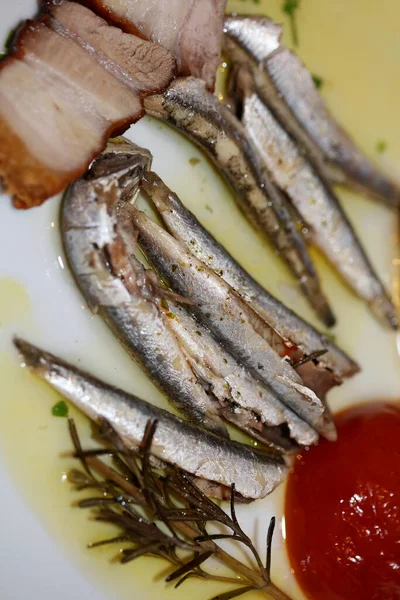 Sardines Met Olie Tomaat Macro Achtergrond Griekse Traditie Voedsel Porno — Stockfoto