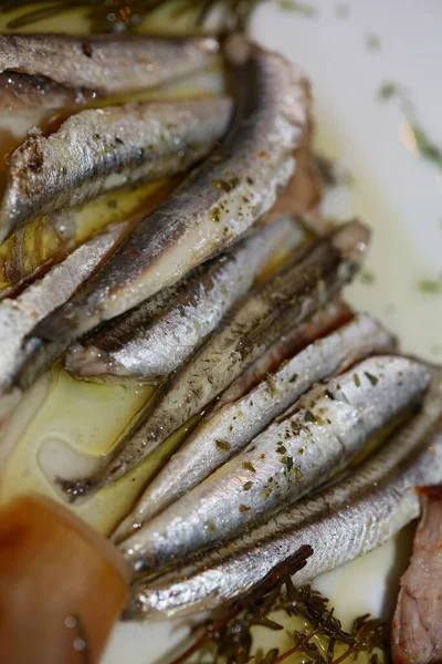 Sardines Met Olie Tomaat Macro Achtergrond Griekse Traditie Voedsel Porno — Stockfoto