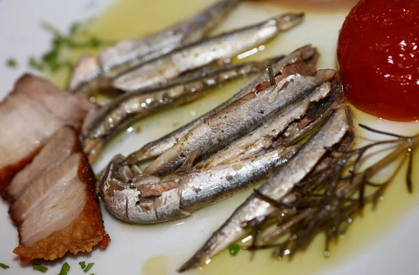 Sardines Huile Tomate Oignon Macro Fond Grec Tradition Nourriture Porno — Photo