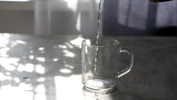 Tee einschenken. Heißer Tee wird in eine gläserne transparente Tasse gegossen — Stockvideo