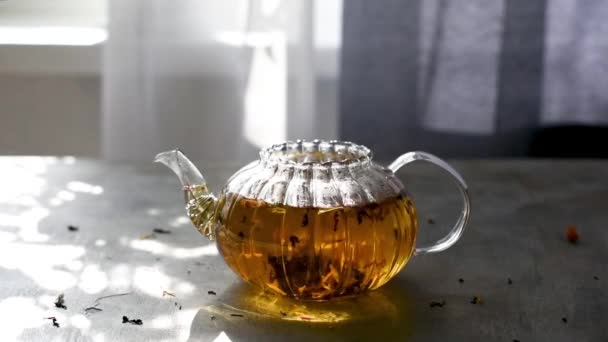 Video of the process of brewing herbal tea in a transparent glass teapot — Stock Video