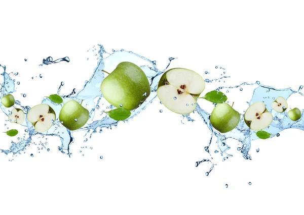 Green apple in water splash — Stock Photo, Image