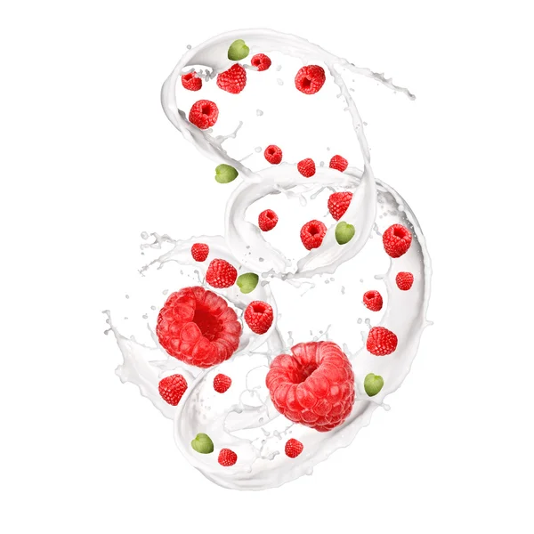 Milk splash with fruits — Stock Photo, Image