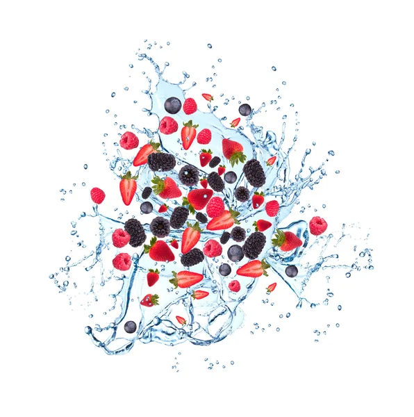 Splash met mix berry in water — Stockfoto