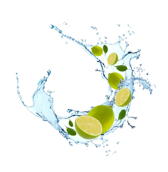 Lime falling in water splash — Stock Photo, Image