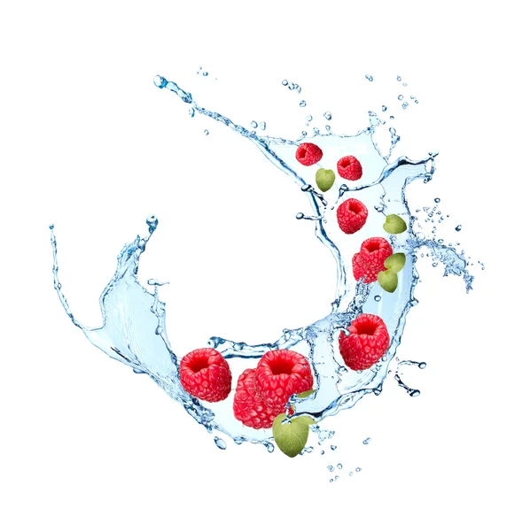 Water splash, raspberry in motion — Stock Photo, Image