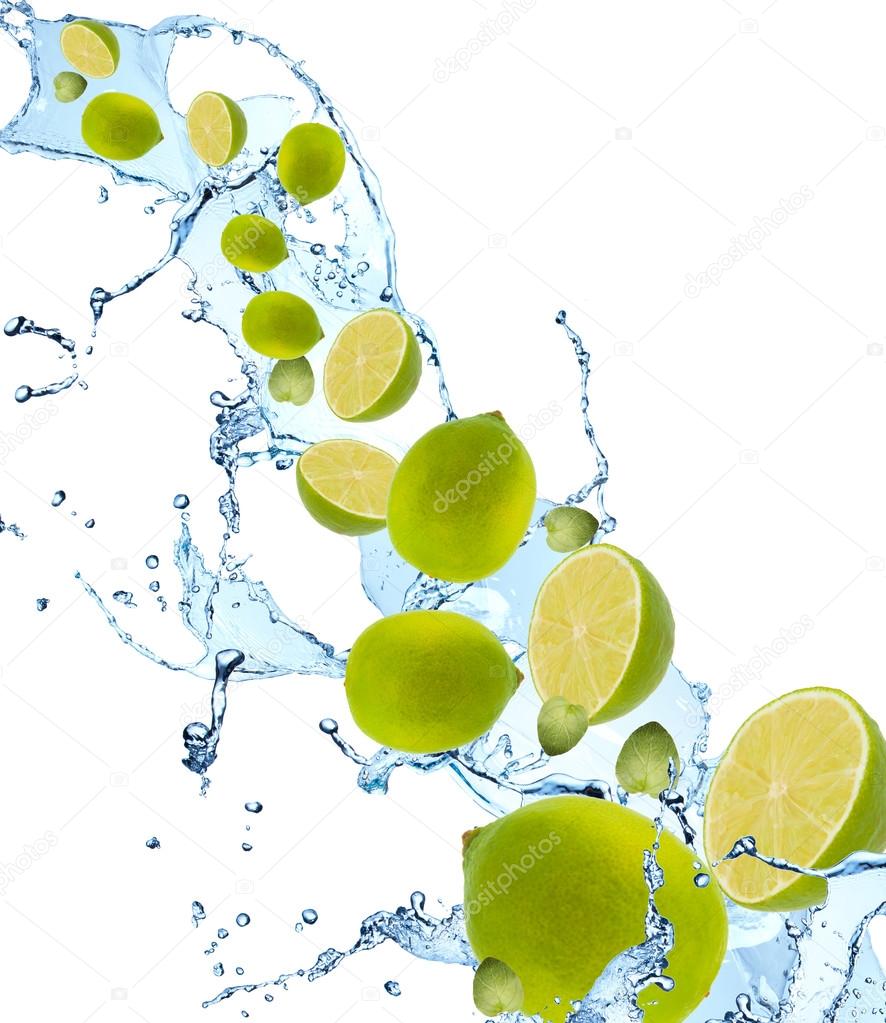lime falling in water splash