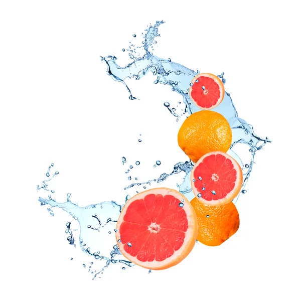 Water splash, falling grapefruit — Stock Photo, Image