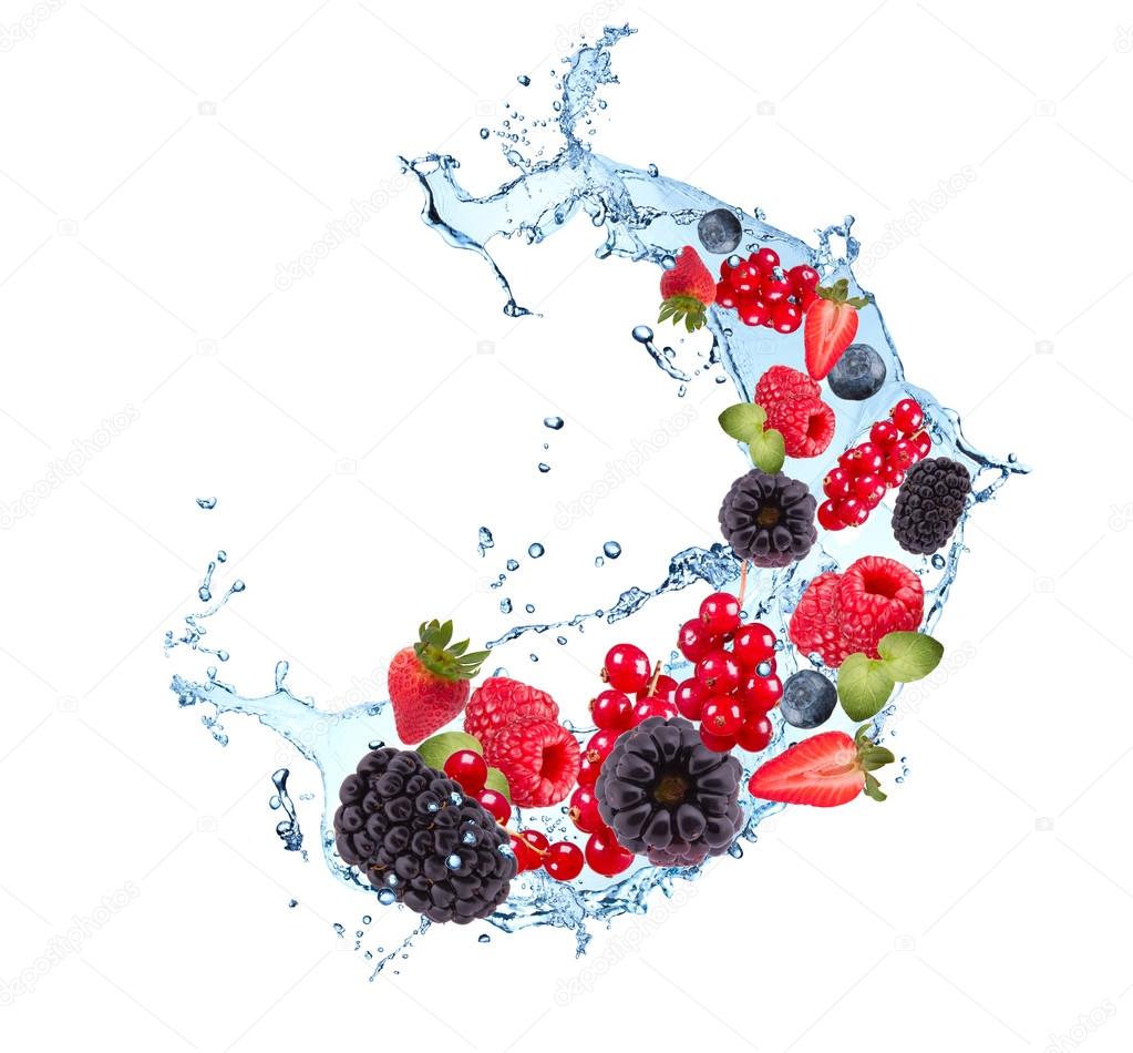 berries falling in water splash