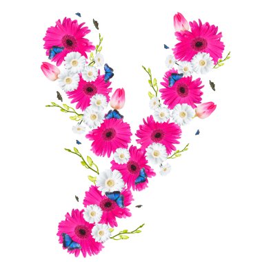 Alfabe, üzerinde beyaz izole çiçek