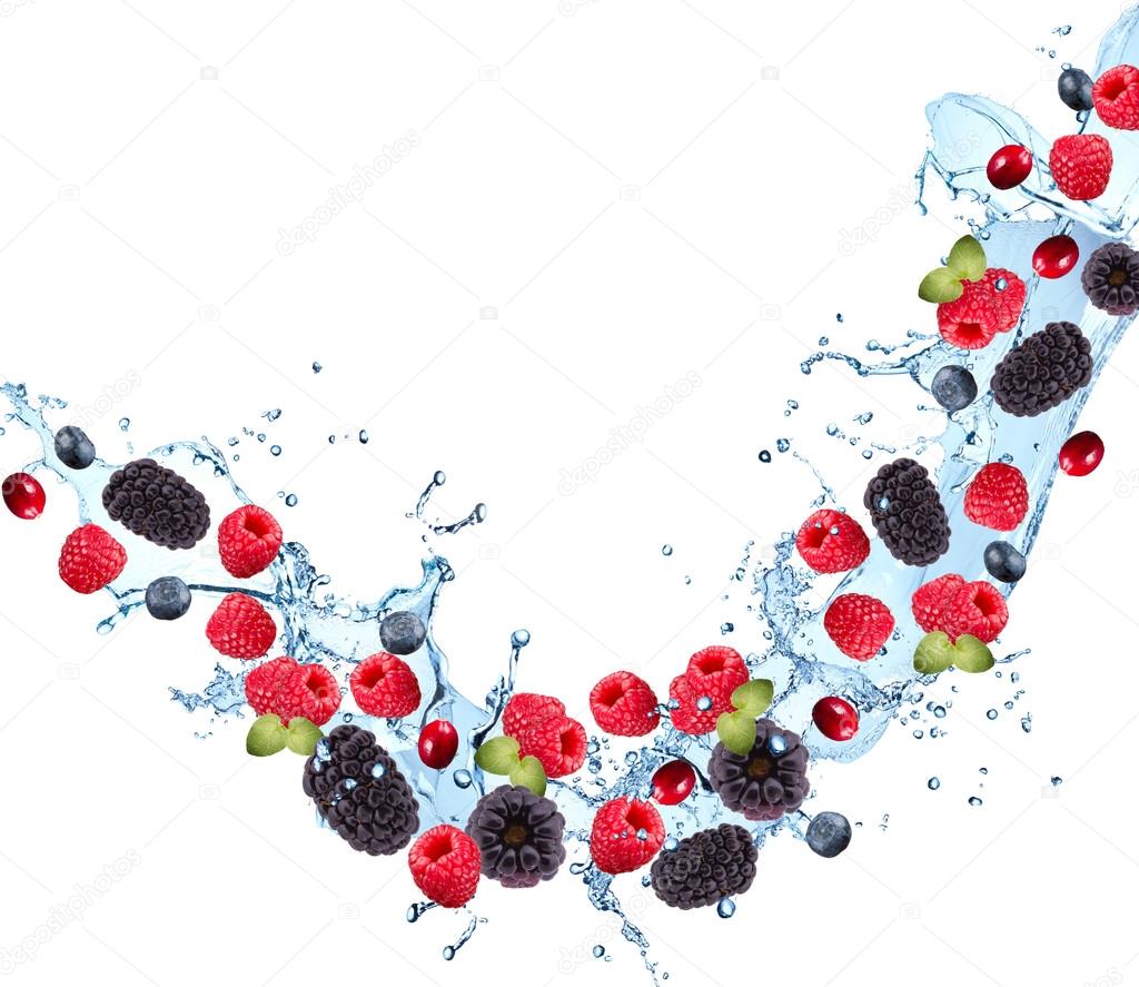 Water splash with fruits