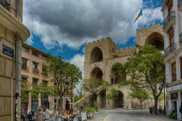 Valencia España Abril 2021 Atrás Torres Serranos Metros Altura Puerta — Foto de Stock