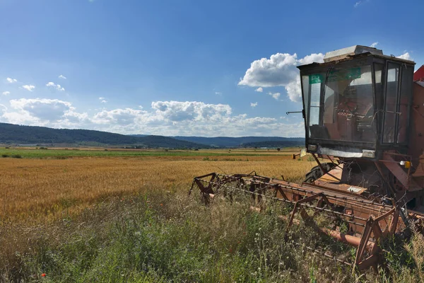 Old Abandoned Combine Harvester Next Cereal Fields Countryside Sunset Horizontal Royalty Free Stock Images