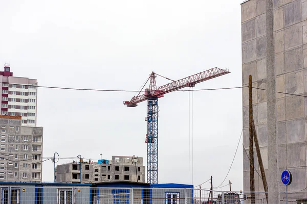 Construction Site High Cranes Building Grey Block House City — Stock Photo, Image