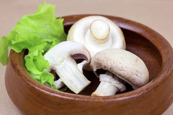 Fresh Raw Organic White Champignon Mushrooms Wooden Bowl Table Background — Stock Photo, Image