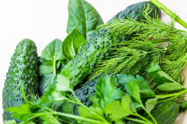 Taze yeşil yaz salatalıkları ve sebze bahçesinden gelen otlar mutfakta hafif arka planda..