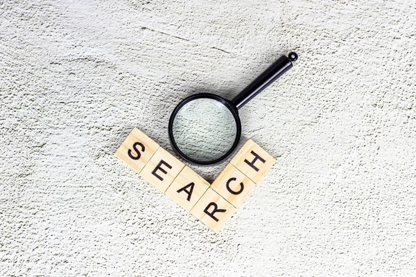 Black Magnifying Glass Search Text Light Gray Background Statistic Analyzing — Stock Photo, Image