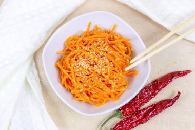 Baharatlı Kore havuç salatasının beyaz bir kasede açık arkaplanda görüntüsü..