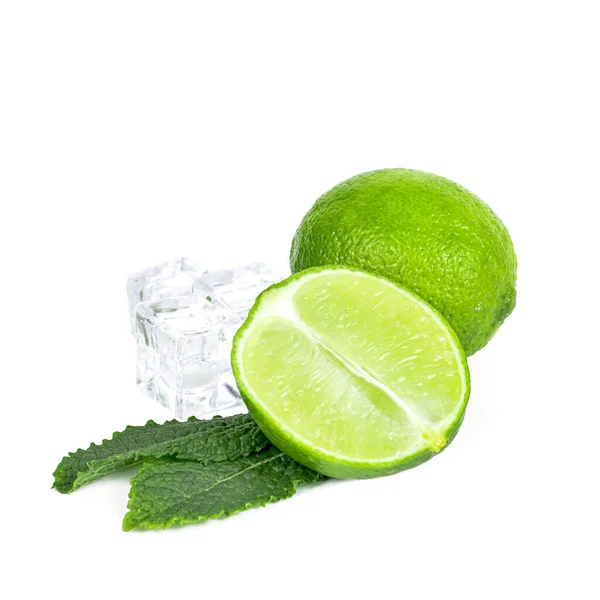 Fresh Green Juicy Limes Lime Slices Ice Mint Leaves Isolated — Stock Photo, Image