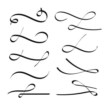 Siyah mürekkep kaligrafik el çizimi vektör süslemeleri, çizgiler, sınırlar ve bölücüler davetiyeler ve kart vintage tasarımı için elementler ayarlar