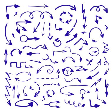 Vektör mavi çizilmiş oklar beyaz arkaplanda izole edildi