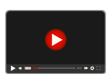 Video ortam oynatıcı arayüzü mobil uygulamaları ve simgelerle birlikte web ve canlı yayın amblemi şablonu. Düz biçimli vektör illüstrasyonu 